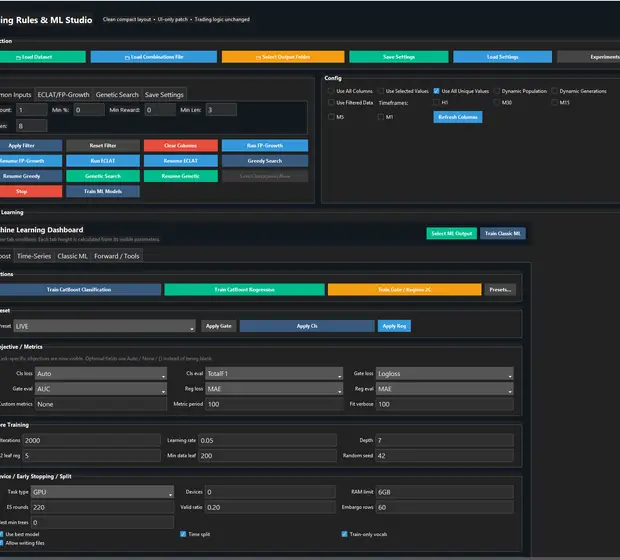 Quant Research Workstation with setup-discovery controls, model-training panels, and research workflow tools.
