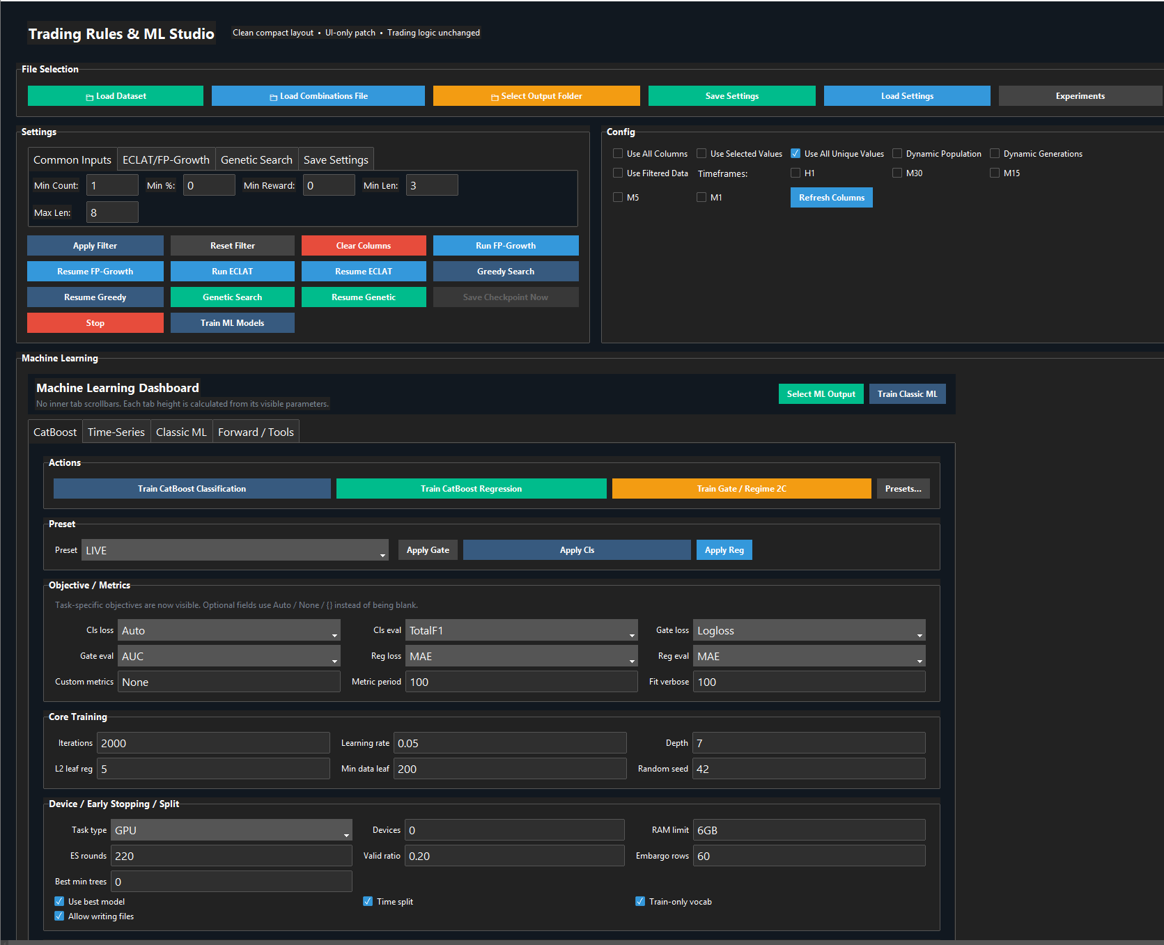 Quant Research Workstation with setup-discovery controls, model-training panels, and research workflow tools.
